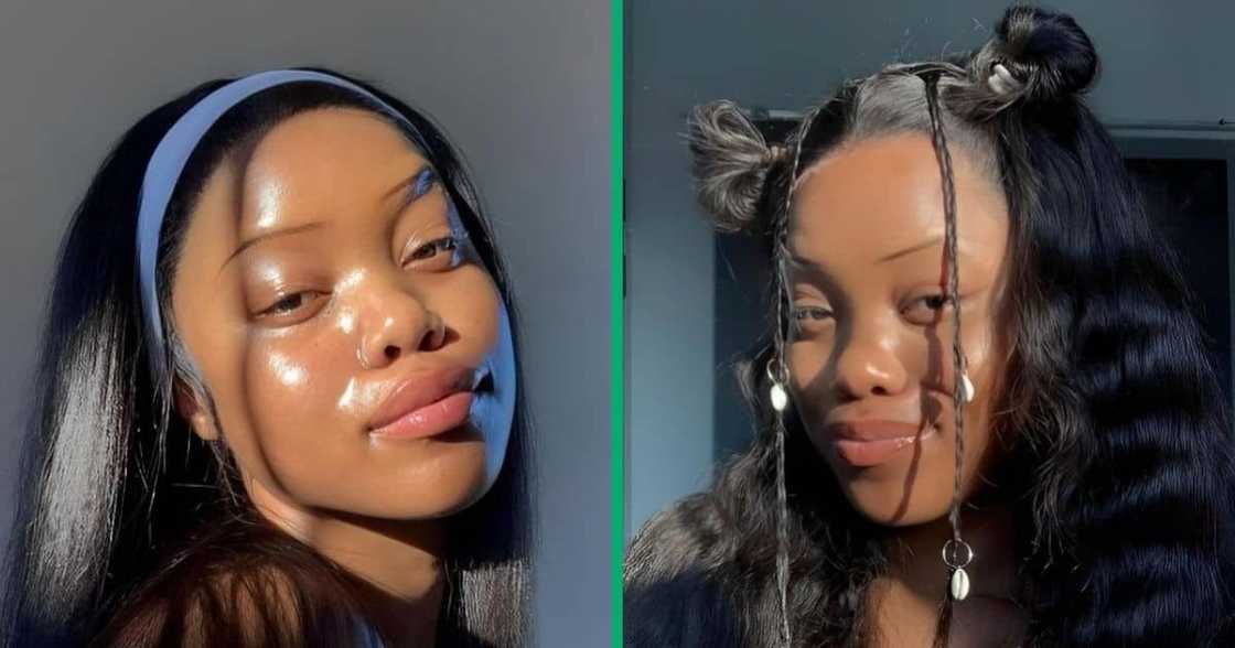 Black woman shows off her flawless skin.