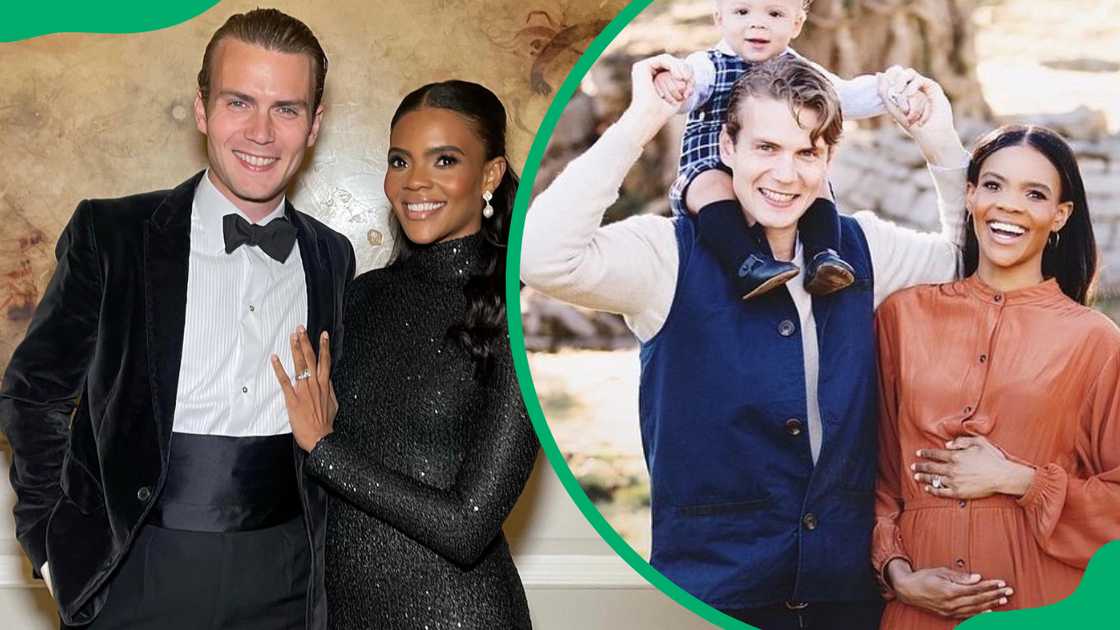 George Farmer and Candace Owens pose for a photo in their living room and the couple during their second pregnancy announcement