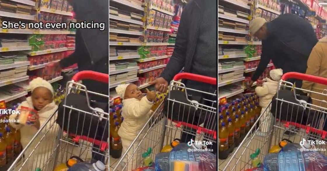 TikTok video of child putting items in trolley while shopping with dad TikTok video of child putting items in trolley while shopping with dad
