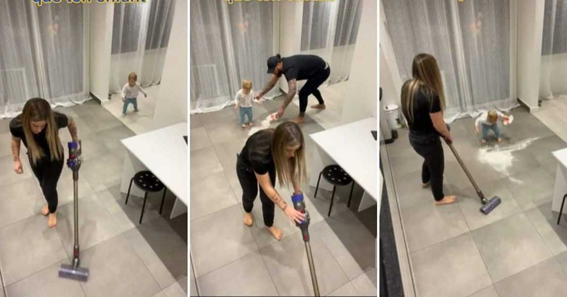 Dad pours bag of flour on the floor