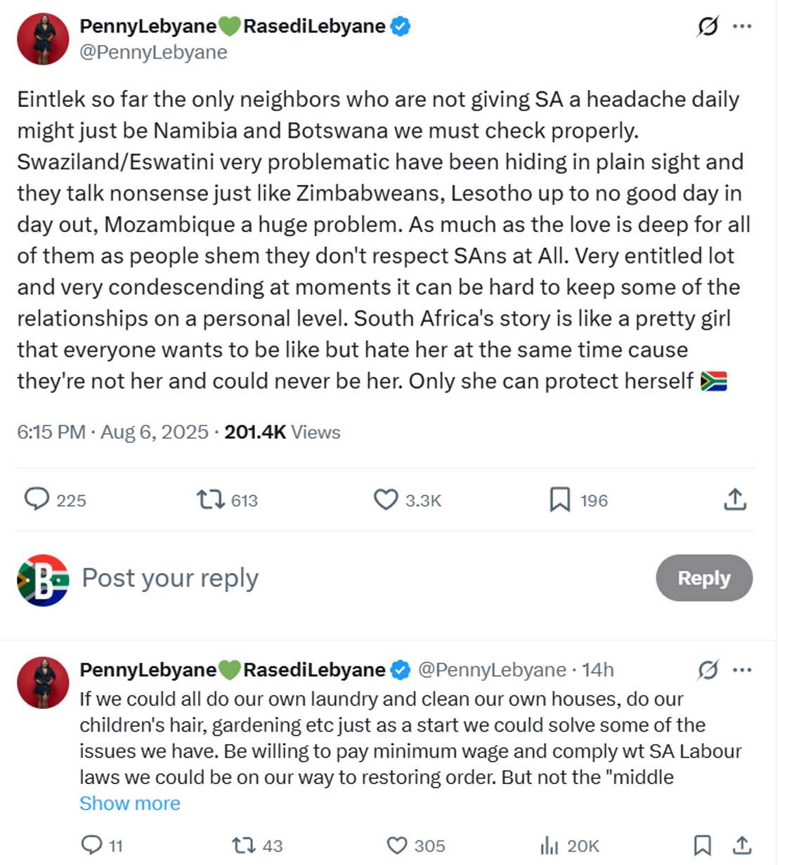 Penny Lebyane has slammed foreigners causing chaos in Mzansi.