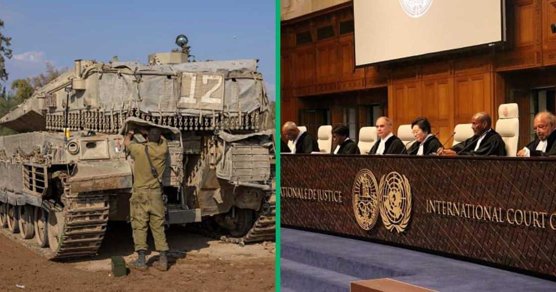 An Israeli soldier worked next to a tank and the International Court of Justice An Israeli soldier worked next to a tank and the International Court of Justice