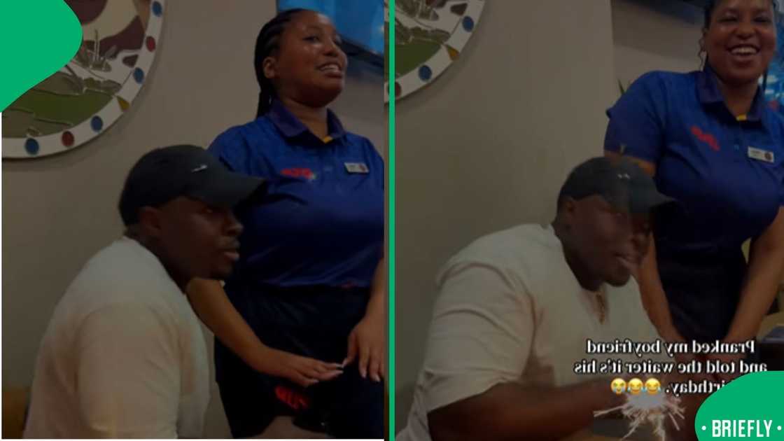 The picture on the left showed the boyfriend, realising the staff is singing for him