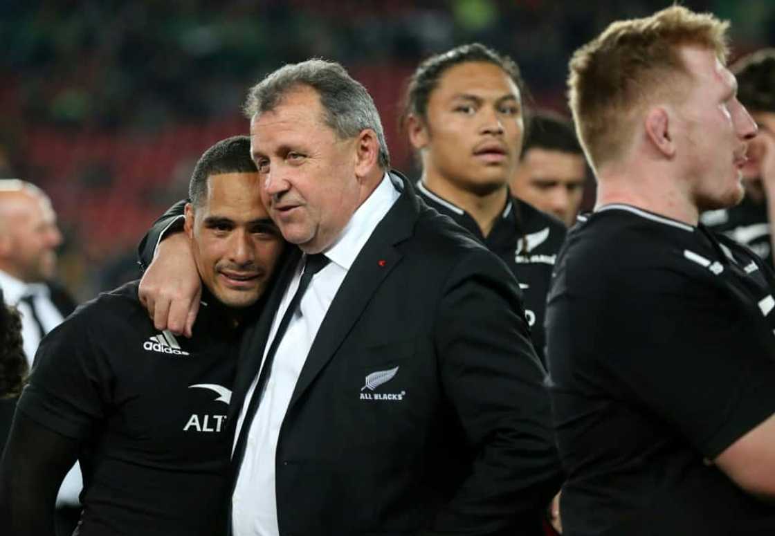 New Zealand coach Ian Foster embraces scrum-half Aaron Smith as they celebrate their victory New Zealand coach Ian Foster embraces scrum-half Aaron Smith as they celebrate their victory