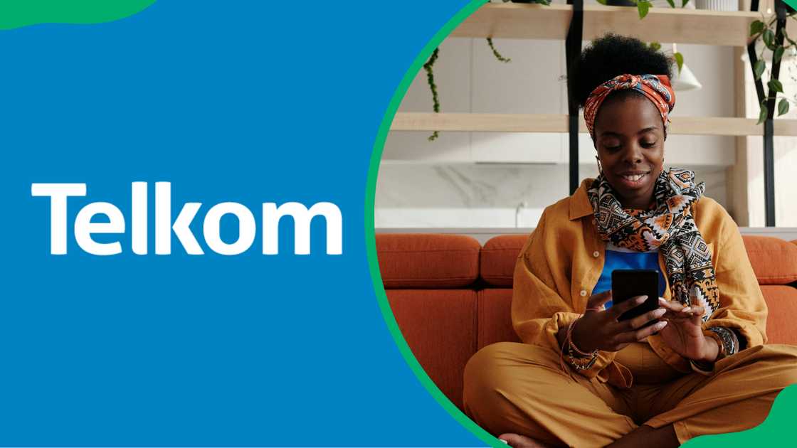 The Telkom logo and a woman seated on an orange couch is using a smartphone