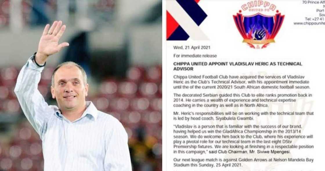 As they look to fight relegation, Chippa United have appointed Vladislav Heric as Technical Advisor. Image: Twitter As they look to fight relegation, Chippa United have appointed Vladislav Heric as Technical Advisor. Image: Twitter