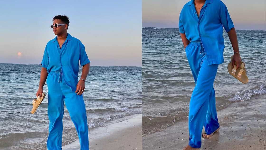 Blue loose-fitting shirt and long pants combo