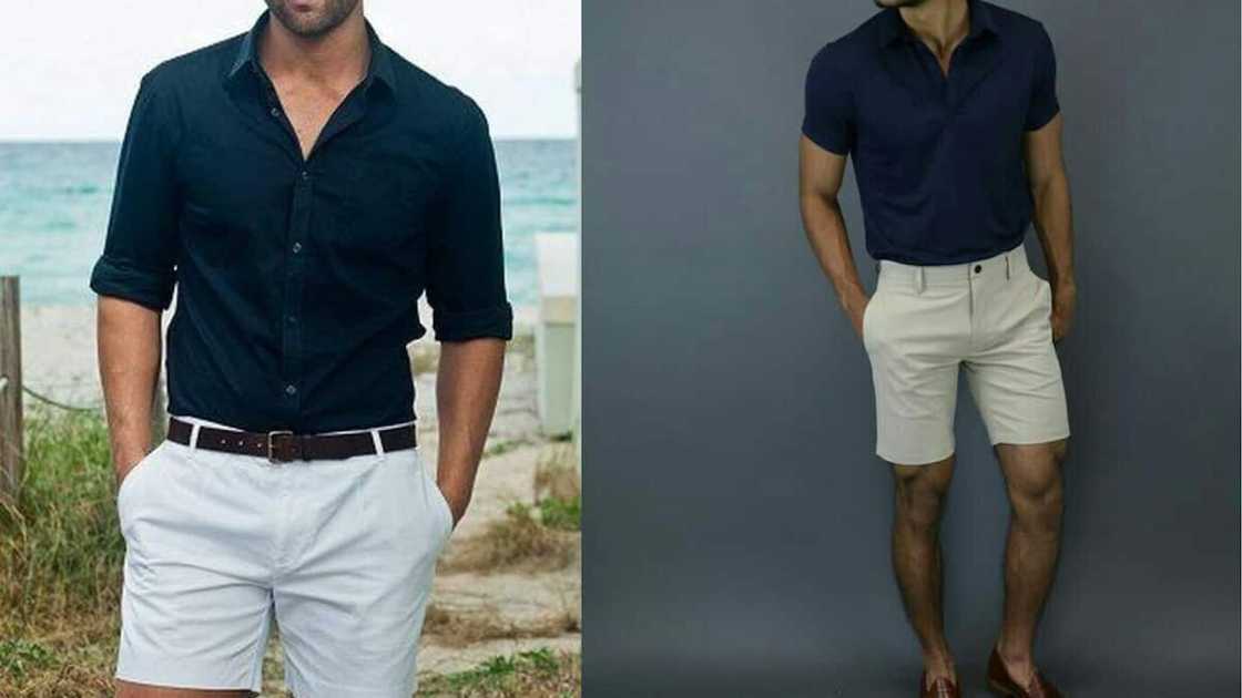 Black shirt and belted white shorts