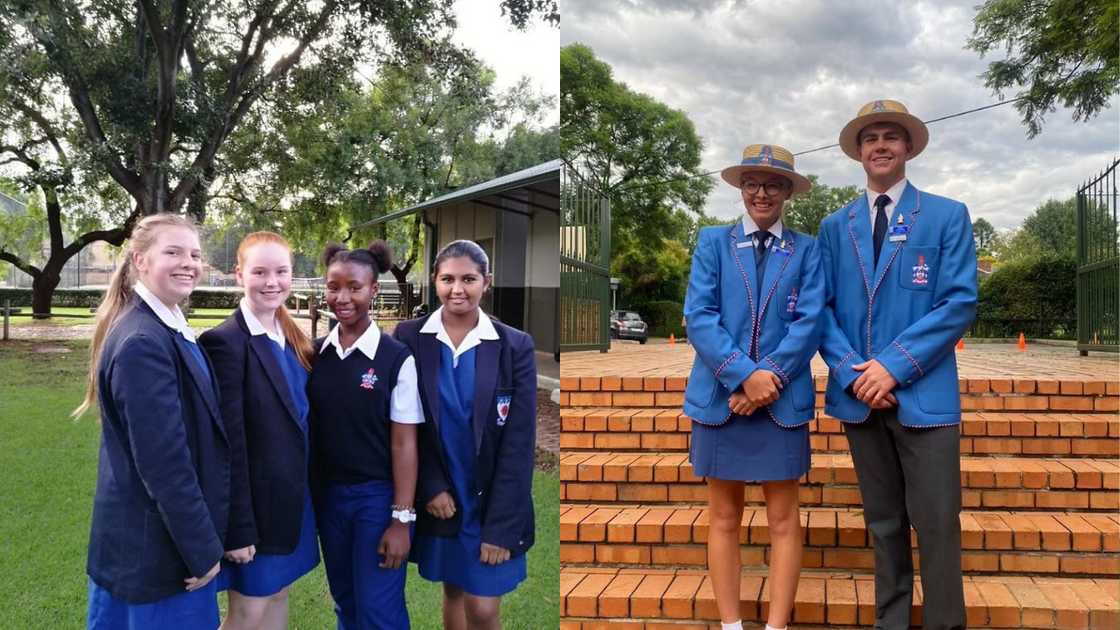 North Cliff High students standing on a grass lawn and by a staircase North Cliff High students standing on a grass lawn and by a staircase