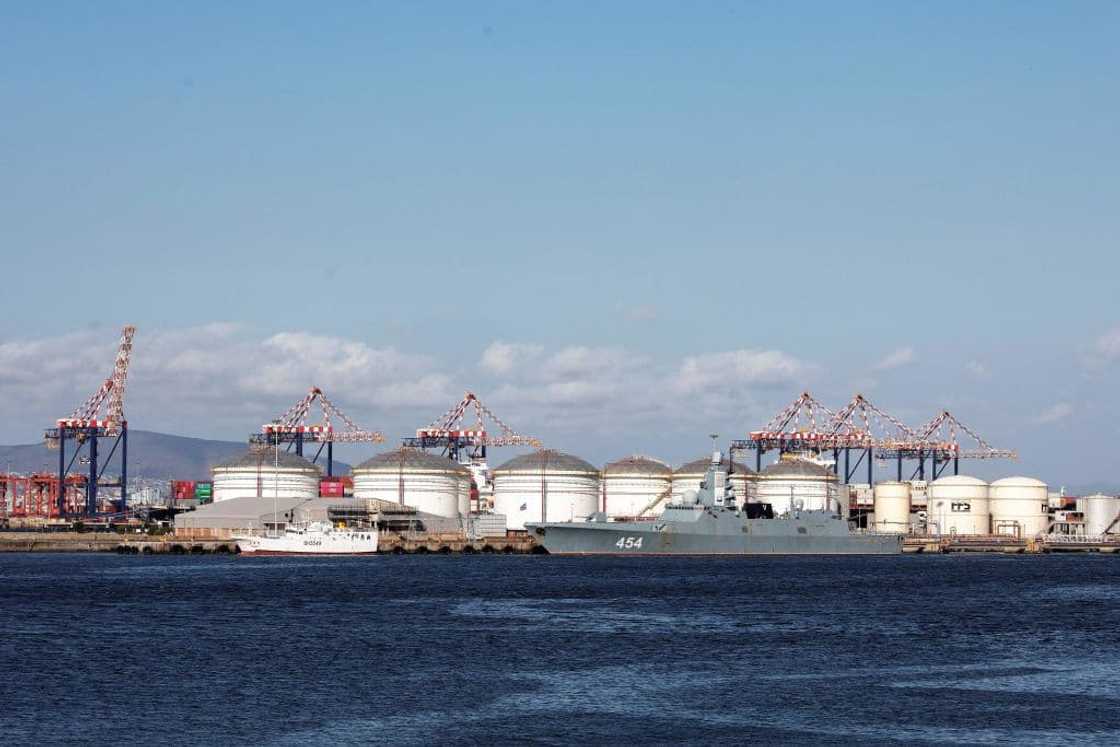 A view of the Russian military frigate 'Admiral Gorshkov' docked in the harbour of Cape Town