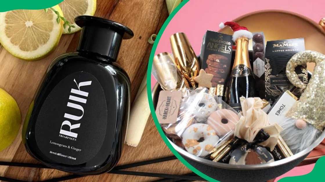 A handcrafted reed diffuser (L). A gift hamper from Gift Lady (R) A handcrafted reed diffuser (L). A gift hamper from Gift Lady (R)