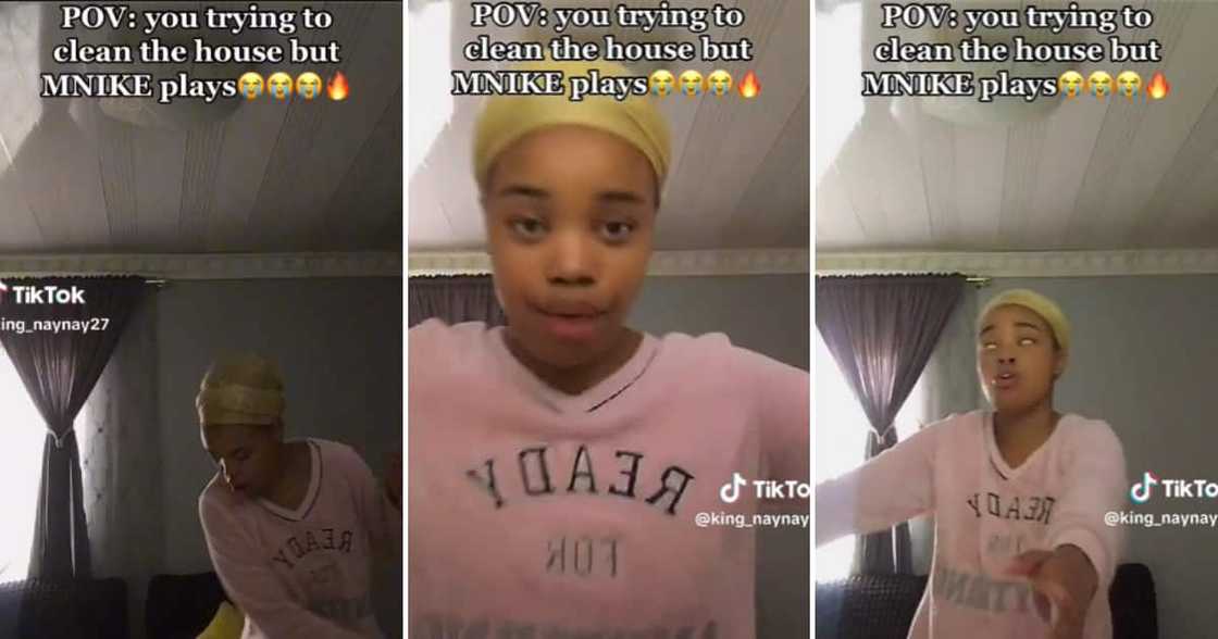 TikTok user @king_naynay27 shared a video of herself dancing to Mnike in her gown while cleaning TikTok user @king_naynay27 shared a video of herself dancing to Mnike in her gown while cleaning