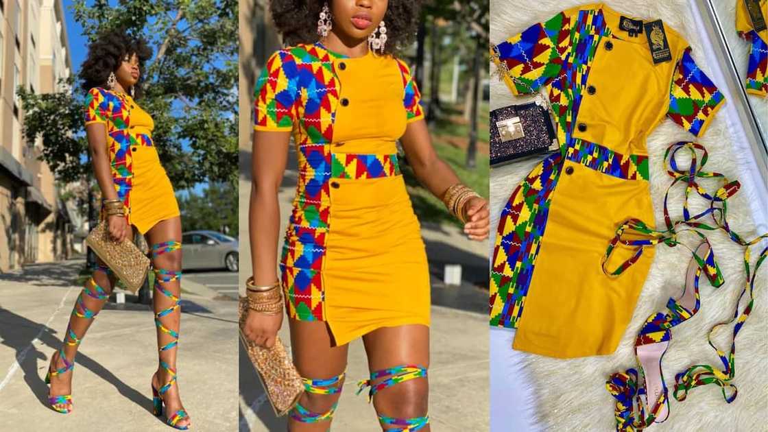 Yellow stretchy short Kente gown with matching sandals Yellow stretchy short Kente gown with matching sandals