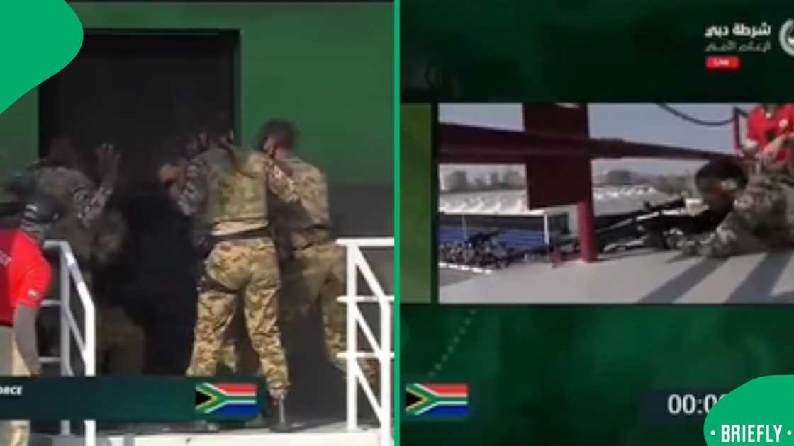 The visual on the right showed a man holding a guy, making a target The visual on the right showed a man holding a guy, making a target