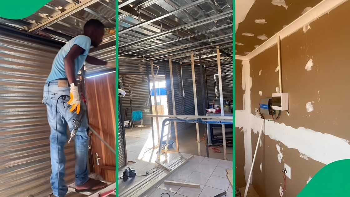 A TikTok video shows a man putting drywall in a shack. A TikTok video shows a man putting drywall in a shack.