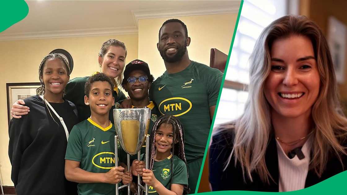 Rachel Kolisi poses with Siya Kolisi, his siblings, and their children.