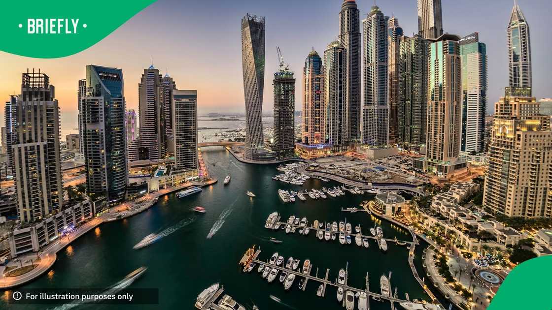 Aerial view of Dubai Marina in the evening