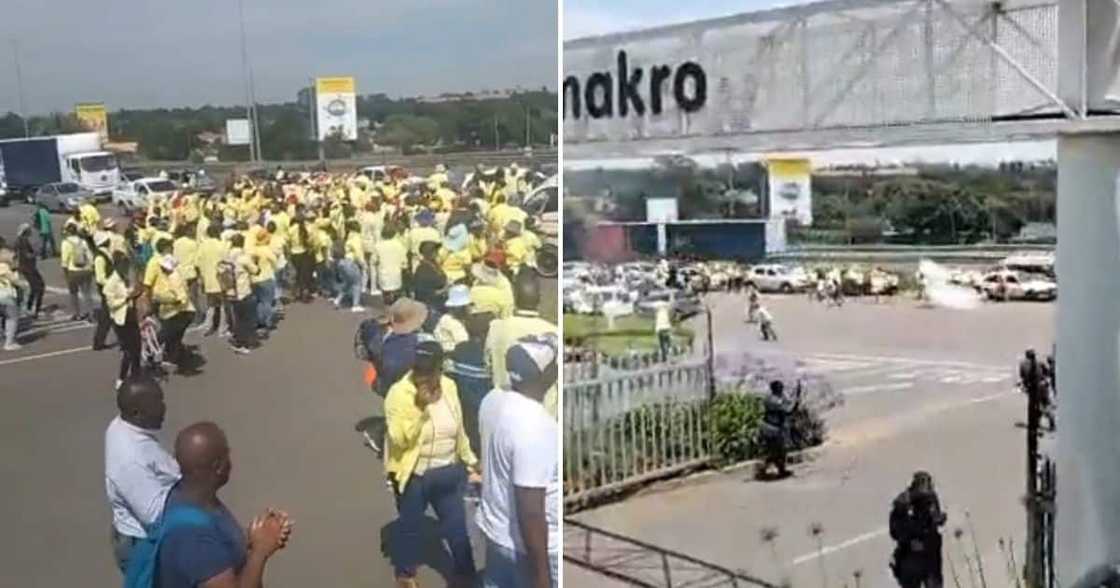 Makro worker protesting rubber bullets