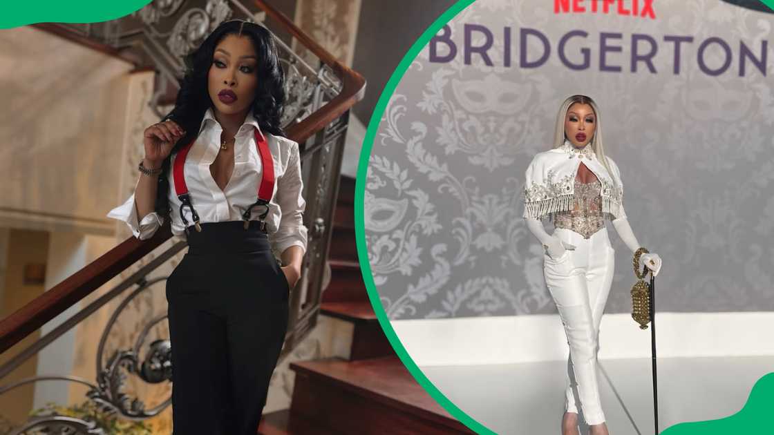 Khanyi Mbau poses by a staircase and she attends Netflix's Bridgerton premiere Khanyi Mbau poses by a staircase and she attends Netflix's Bridgerton premiere