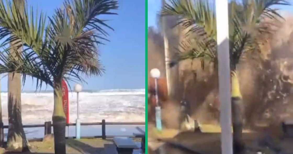 Collage image of waves hitting a Marina Bay restuarant