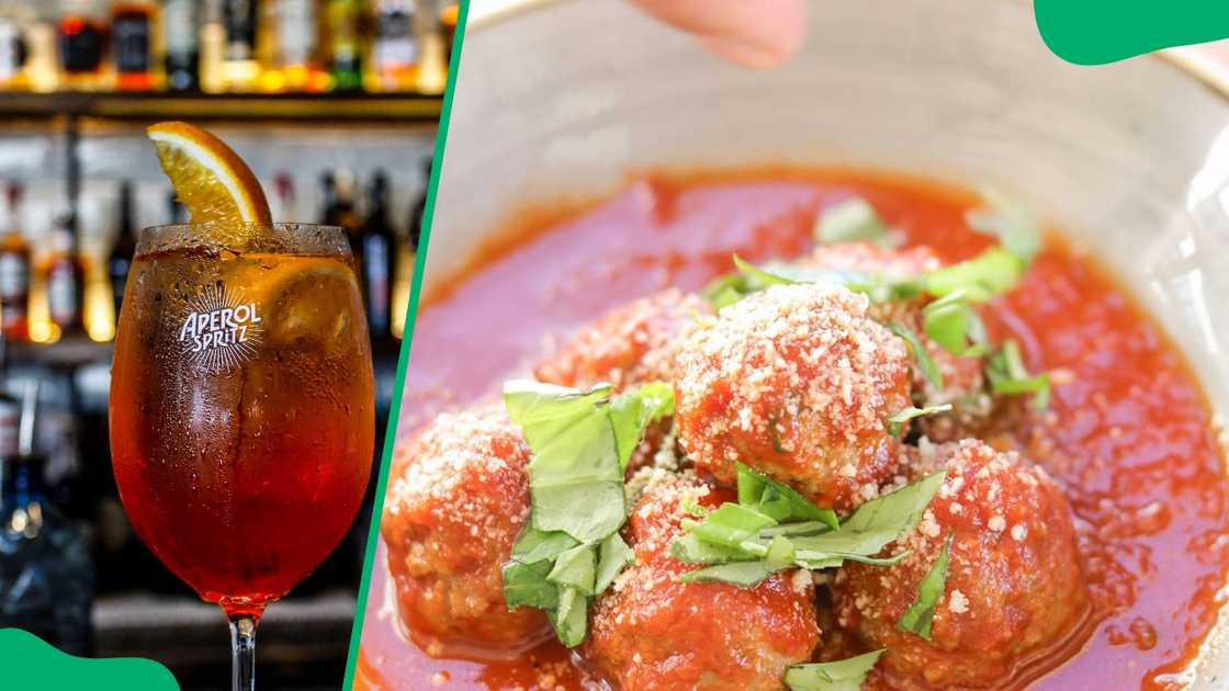 Grimaldi's cocktail (L) and Italian style meatballs (R)