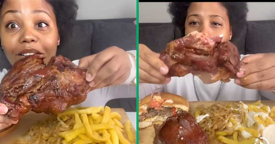 A Twitter video shows a woman eating eisbein. A Twitter video shows a woman eating eisbein.