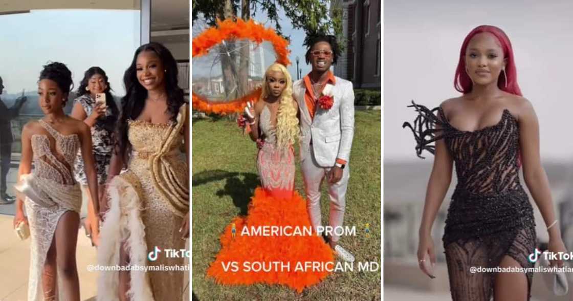 TikTok / @downbadabsymaliswhatiam compares American prom vs South African matric dance fashion