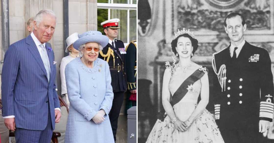 Prince Charles and Queen Elizabeth II and Queen Elizabeth II on her coronation day with Prince Philip