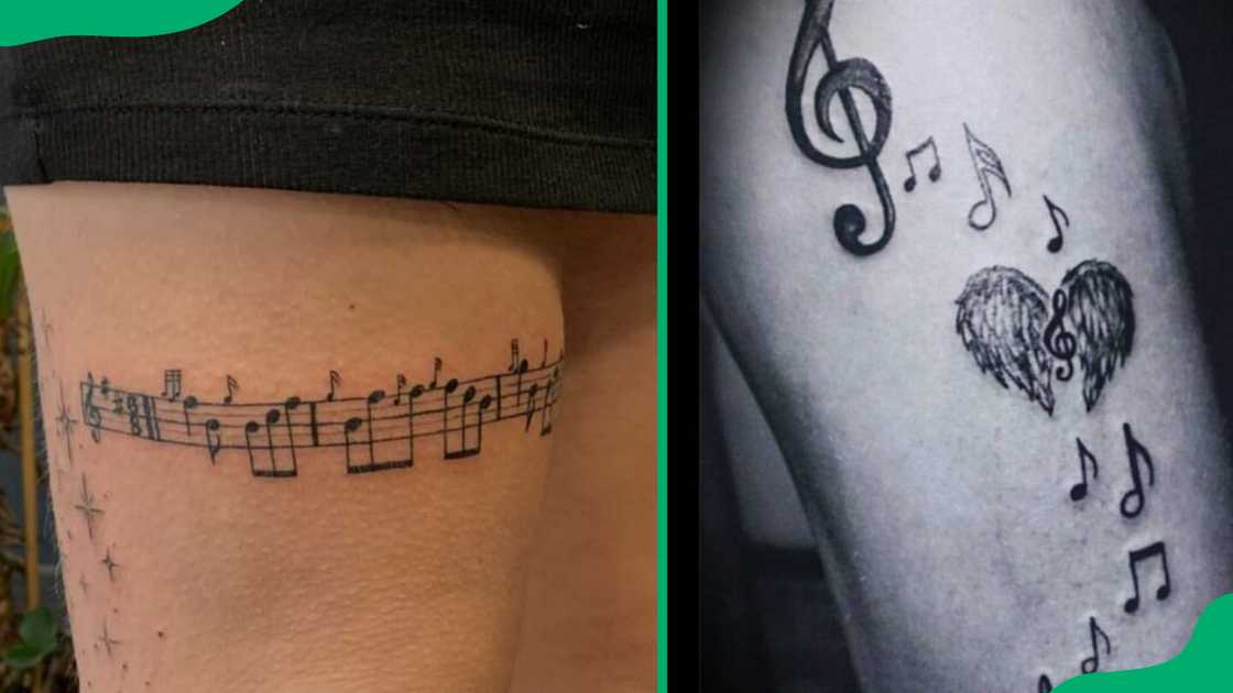 Music notes thigh tattoos.