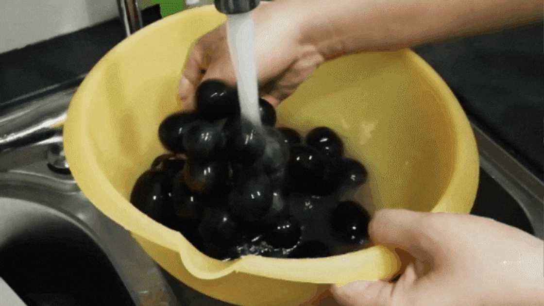 Rinsing grapes with running water Rinsing grapes with running water