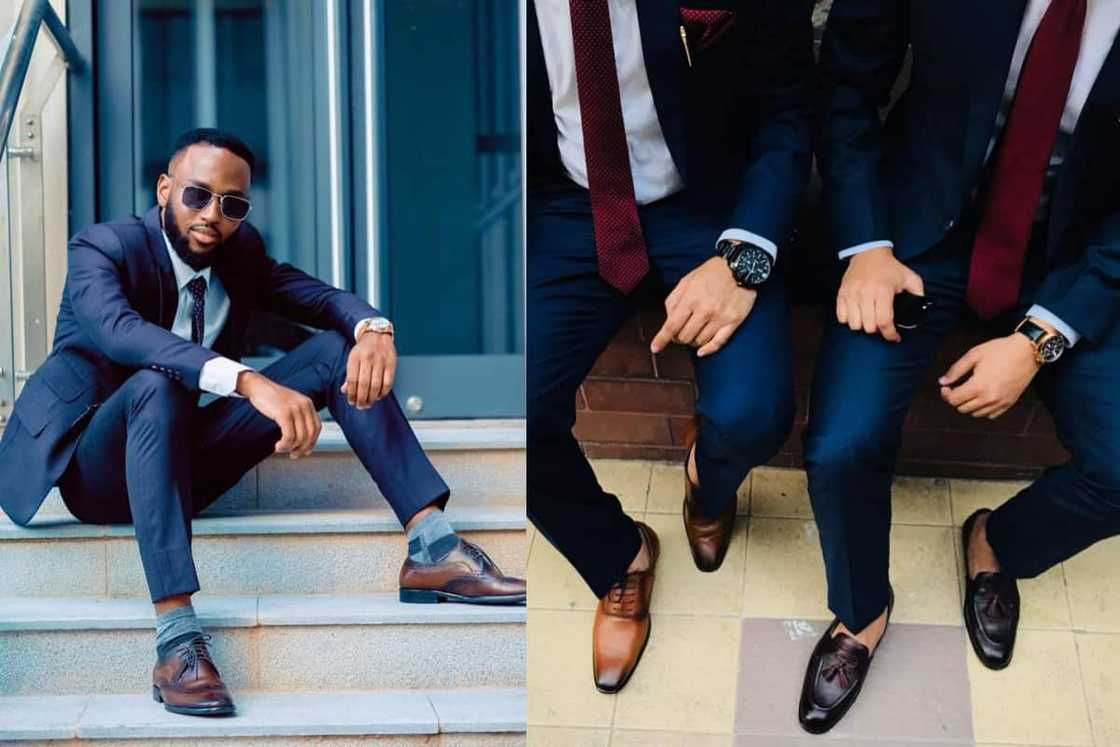 Blue suits with brown shoes