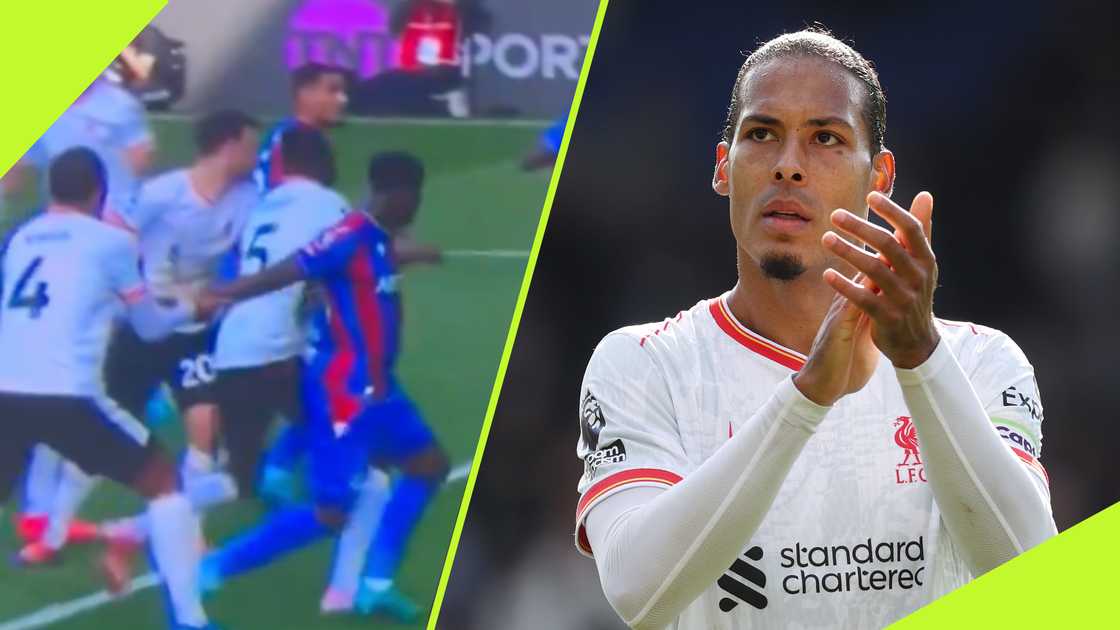 Virgil van Dijk's pull of Marc Guehi's hand was deemed inconsequential to warrant a penalty. Virgil van Dijk's pull of Marc Guehi's hand was deemed inconsequential to warrant a penalty.