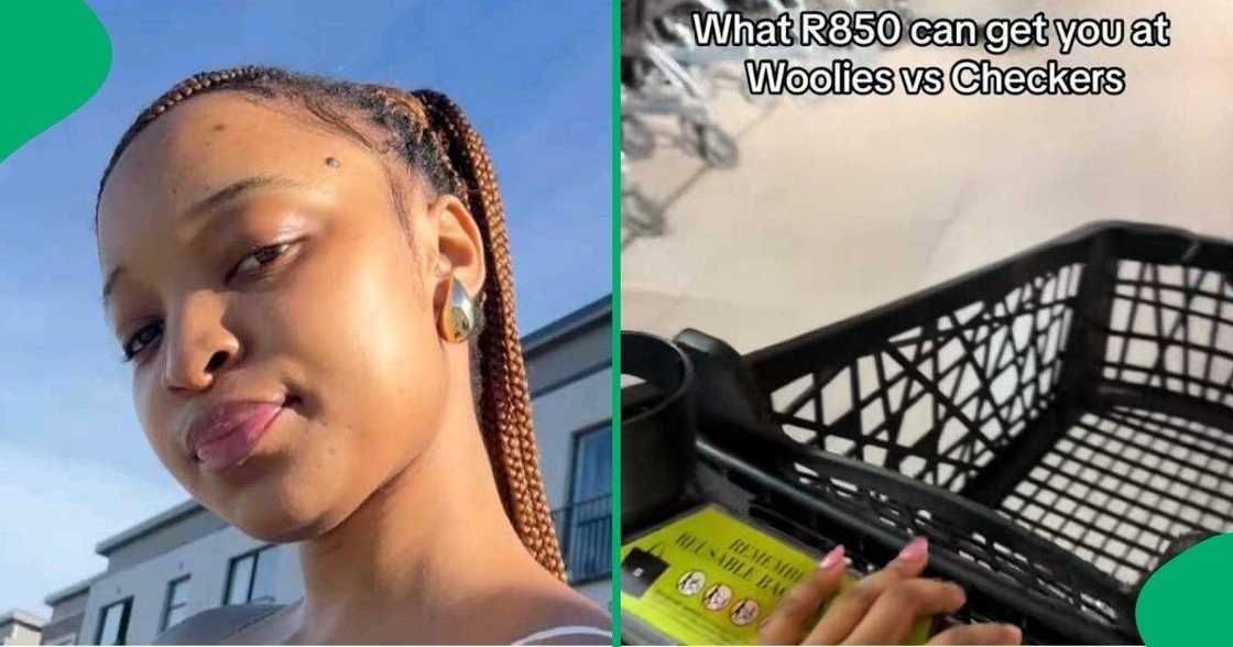A TikTok video shows a woman comparing Woolworths and Checkers. A TikTok video shows a woman comparing Woolworths and Checkers.