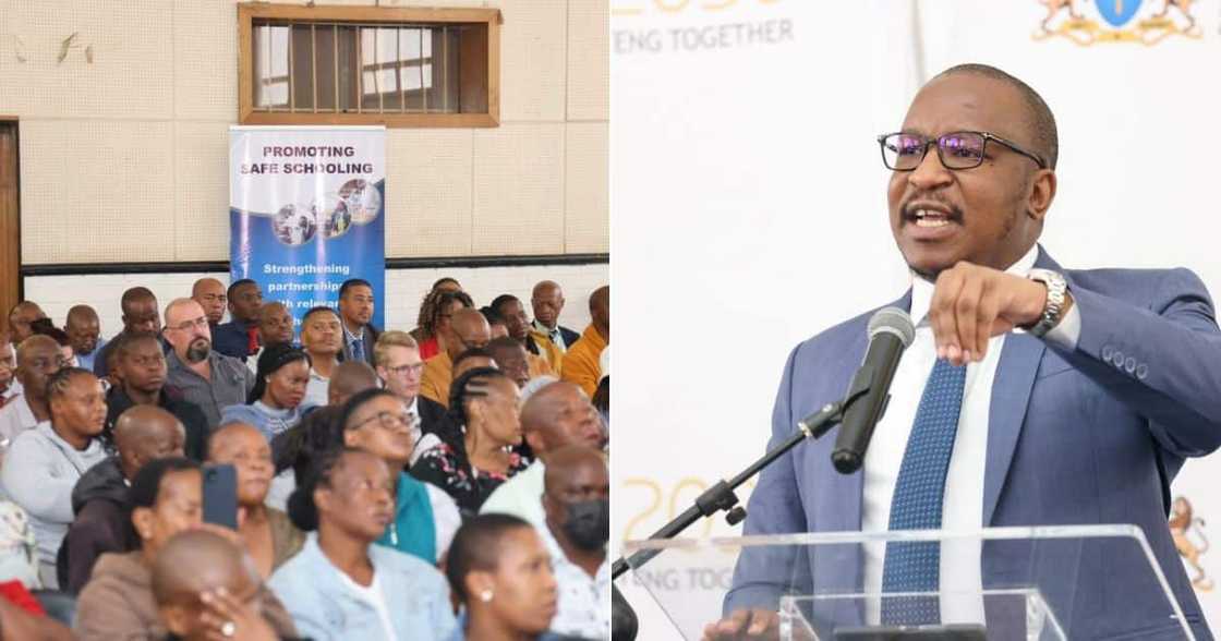 Gauteng Education MEC Matome Chiloane addresses the public at Sizwe High School. Gauteng Education MEC Matome Chiloane addresses the public at Sizwe High School.