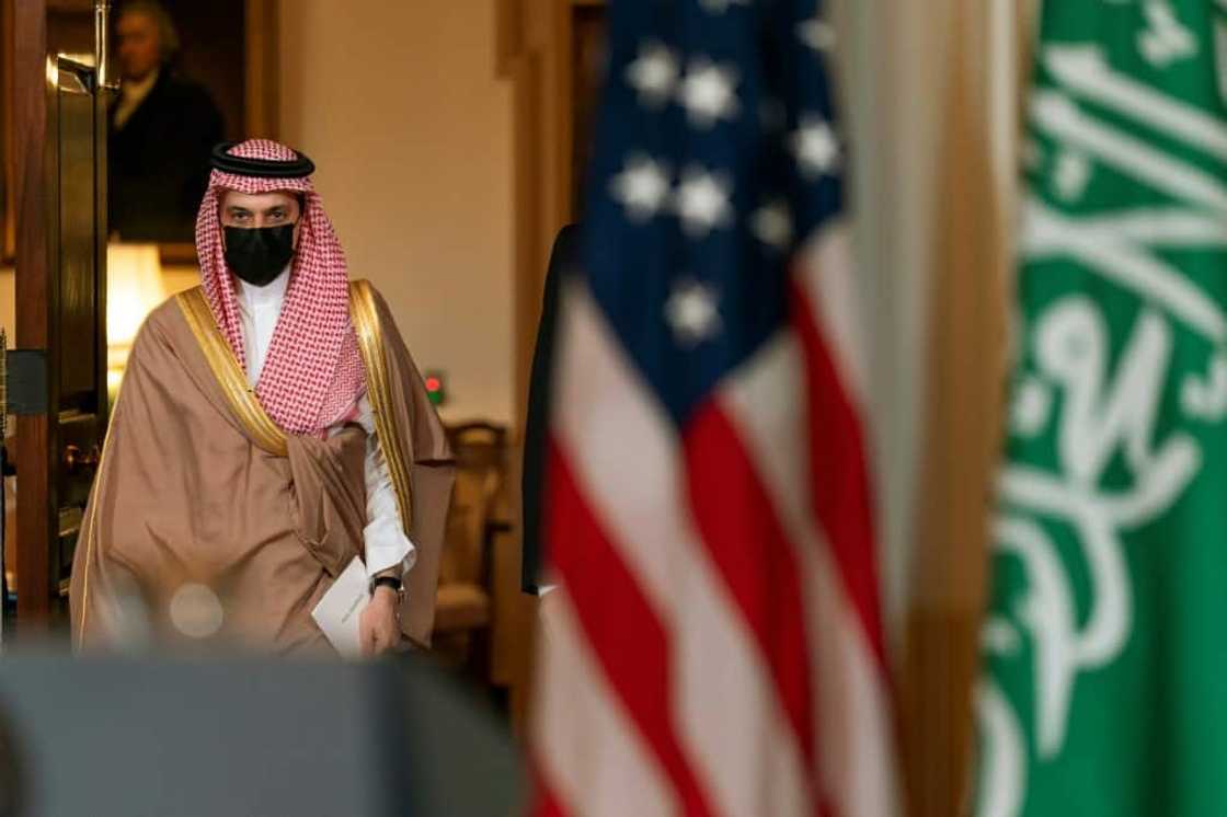 Saudi Minister of Foreign Affairs Prince Faisal bin Farhan Al Saud on a visit to the US State Department, October 14, 2020, in Washington, DC