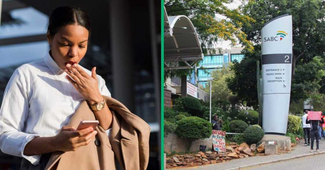 Stock photo of a shocked woman and an entrance to the SABC office Stock photo of a shocked woman and an entrance to the SABC office