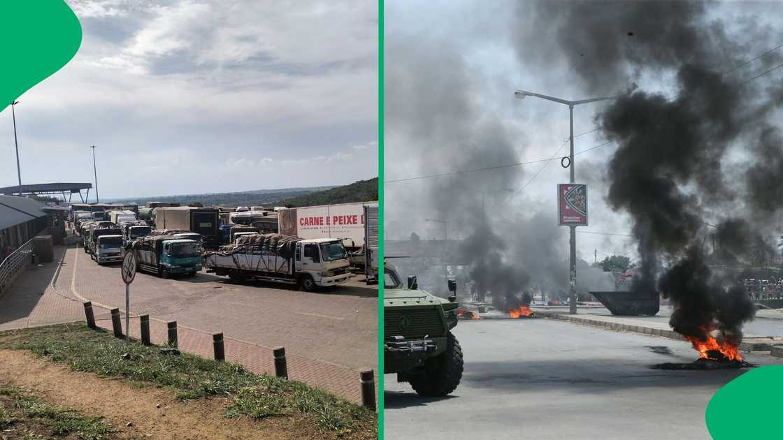 The protest action in Mozambique has forced the closure of the Lebombo border. The protest action in Mozambique has forced the closure of the Lebombo border.