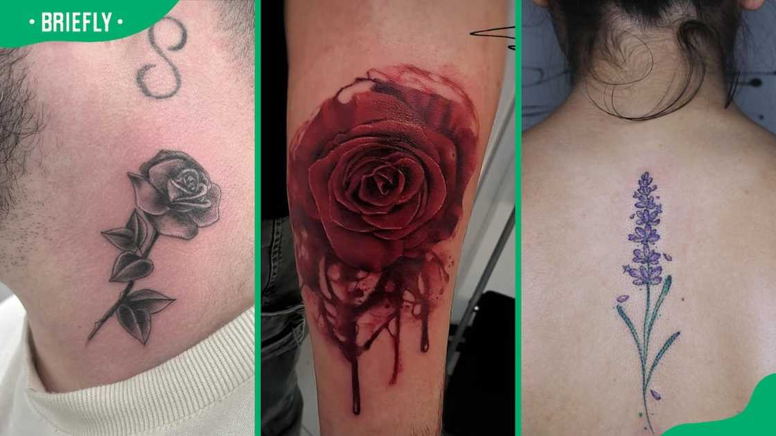 Neck flower (L), bleeding rose (C) and lavender flower tattoos (R) Neck flower (L), bleeding rose (C) and lavender flower tattoos (R)