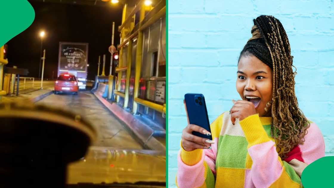 A woman laughs at a video of a Polo driver who skipped a tollgate by driving closely behind the truck in front.