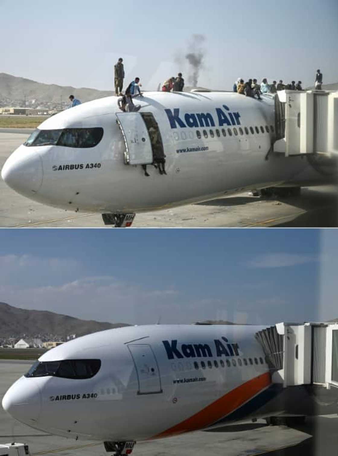 This combination of pictures shows (top) Afghan people climbing atop of a plane as they wait at the Kabul airport on August 16, 2021, and (bottom) the same area of the airport taken on March 15, 2022