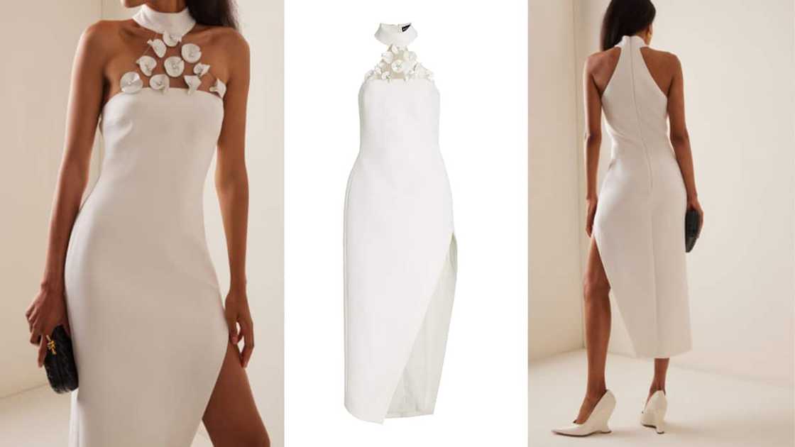 Asymmetric flower-embellished midi gown with a halter neckline Asymmetric flower-embellished midi gown with a halter neckline