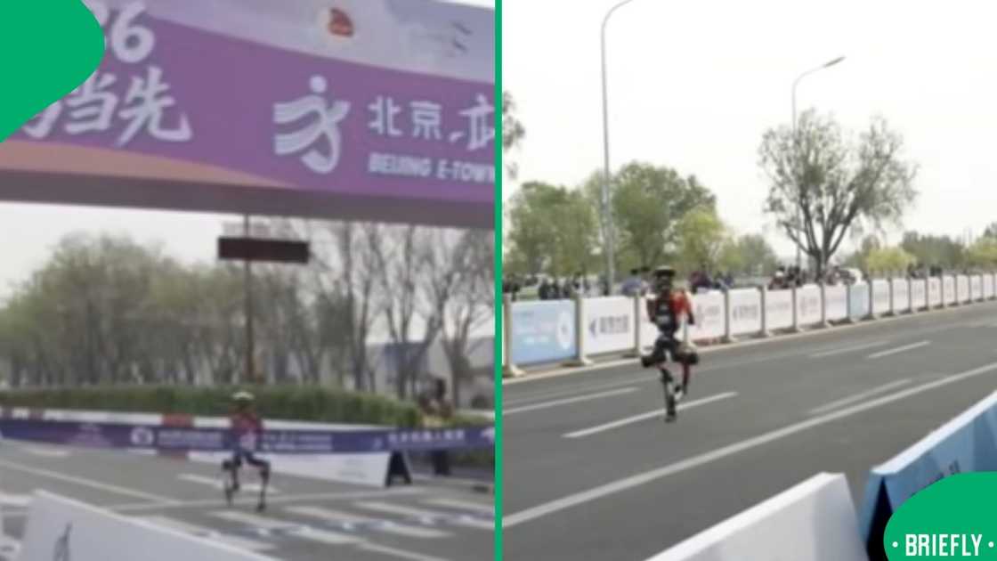 A robot on the right running a marathon