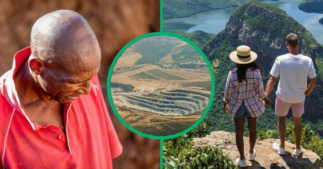 An illegal miner, open mine and couple in the Blyde River Canyon An illegal miner, open mine and couple in the Blyde River Canyon