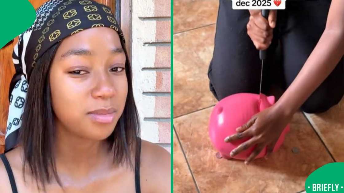 The picture on the right captured a woman opening her piggy bank The picture on the right captured a woman opening her piggy bank