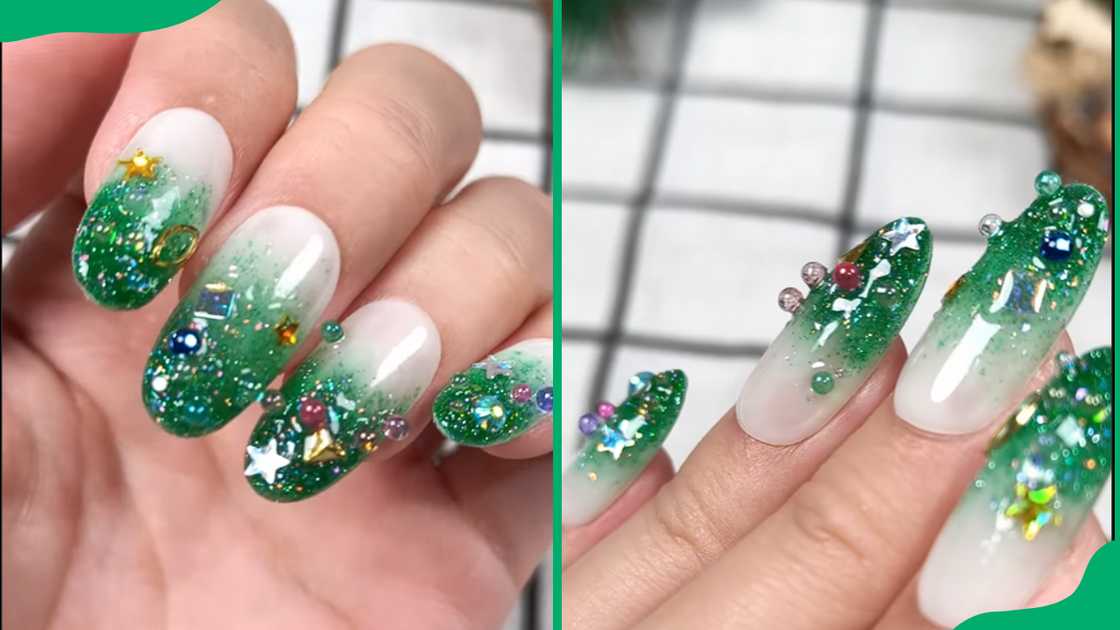 Dazzling green Christmas tree nail design