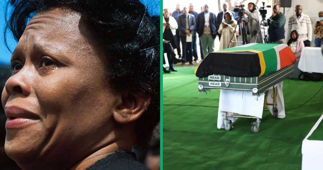 A woman crying at a funeral, and the South African flag draped over a person's coffin A woman crying at a funeral, and the South African flag draped over a person's coffin