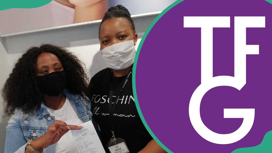 TFG staff and a customer showing off a receipt and TFG logo TFG staff and a customer showing off a receipt and TFG logo