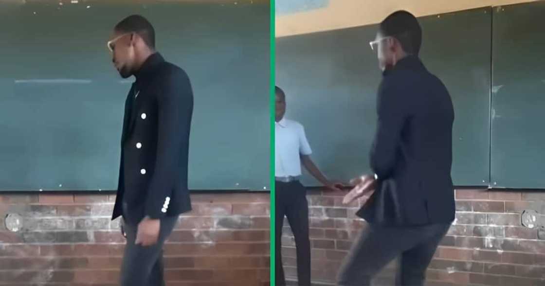 A TikTok video shows a teacher dancing for his students in a classroom. A TikTok video shows a teacher dancing for his students in a classroom.