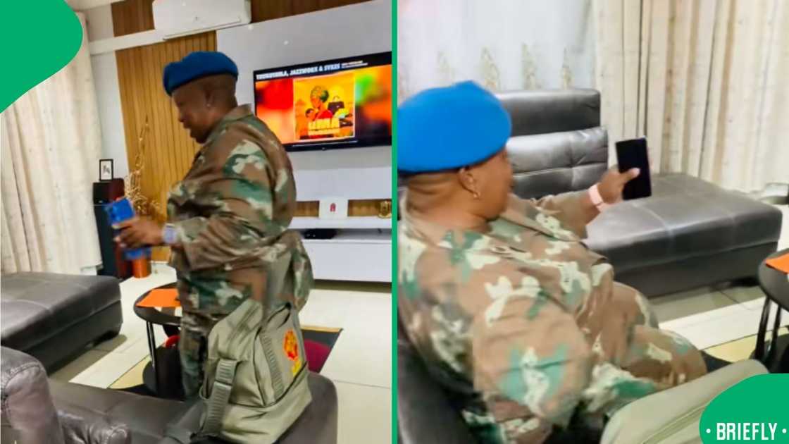 The screenshot on the right captured the mom sitting on the new couches