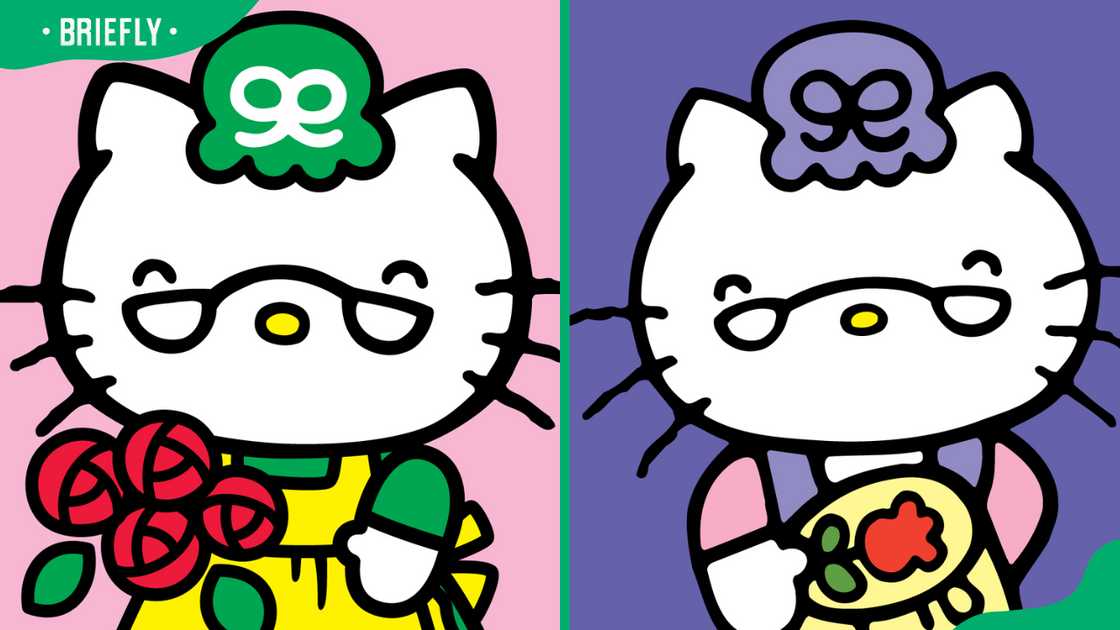 Granny White wearing glasses and a green hat (L). The character holding a plate with food (R) Granny White wearing glasses and a green hat (L). The character holding a plate with food (R)